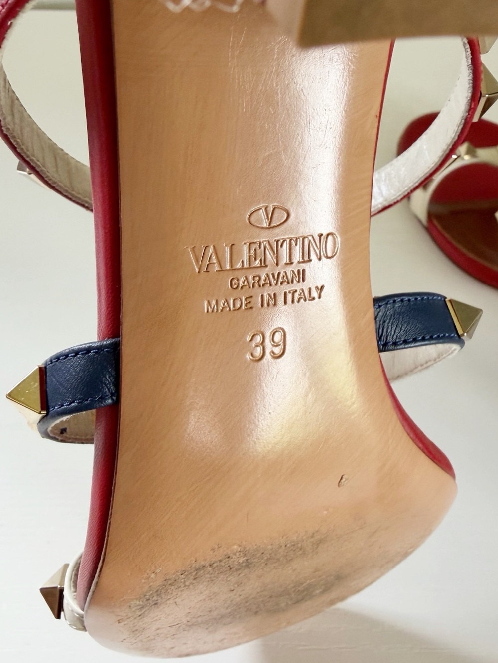 Valentino Garavani Rockstud Red White Blue Leather Sandals Block Heels EU 39 - Picture 12 of 12